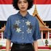 Women's Soft Denim Short Sleeved Shirt Three Dimensional Large Flower Sequin Embellished Cowhide New Style Top_ecoleips.com