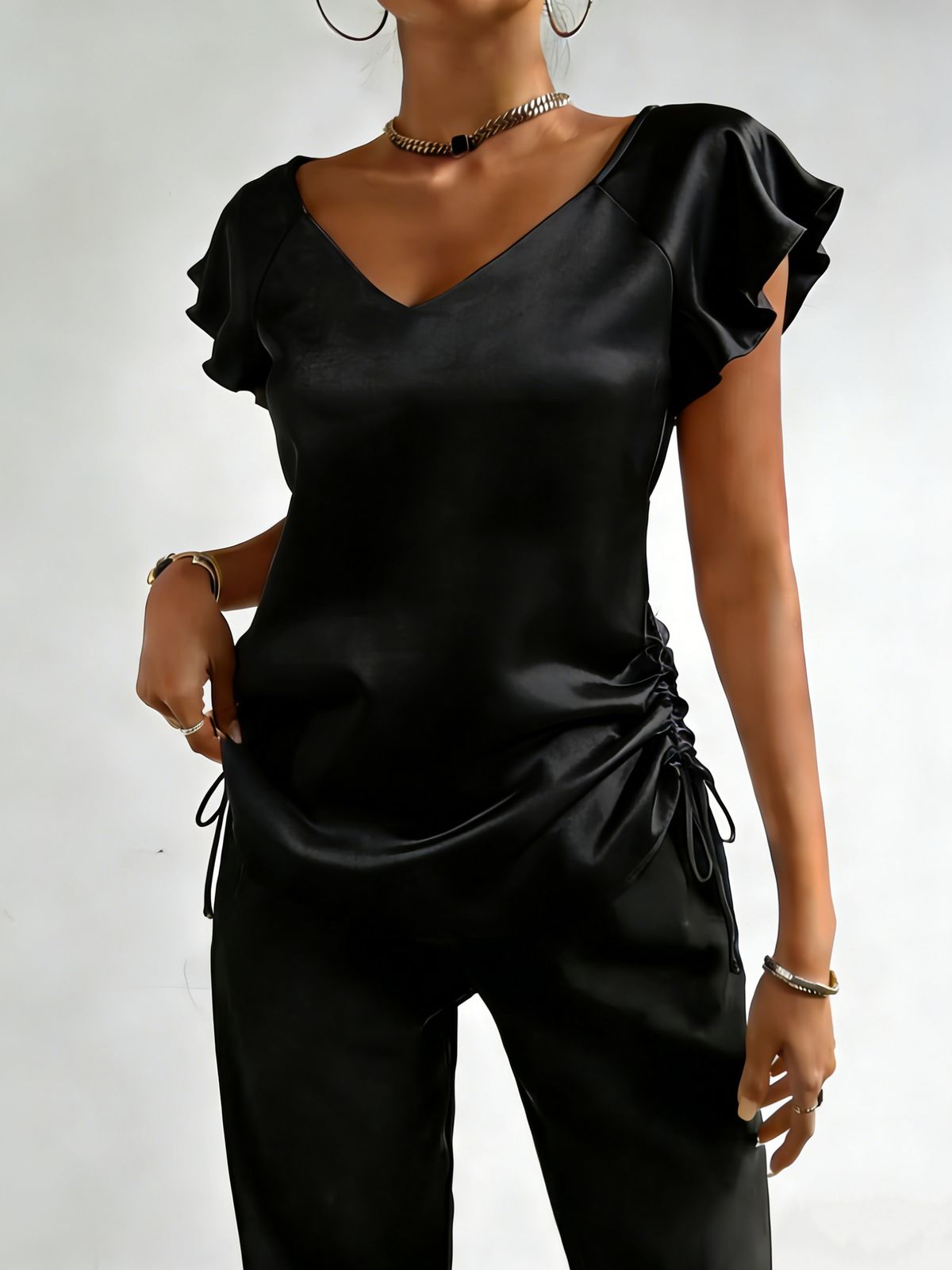Satin Ruffle Top For Women V Neck Drawstring Design Fashion Women's Clothing_ecoleips.com