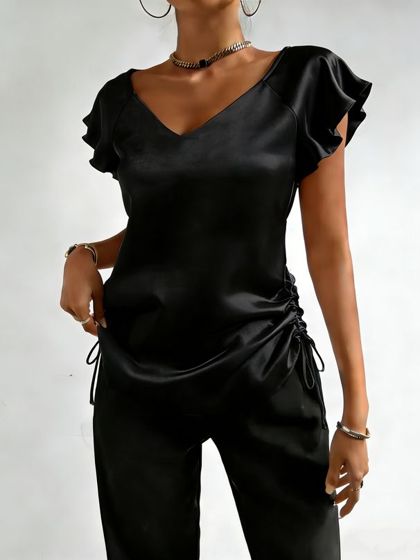 Satin Ruffle Top For Women V Neck Drawstring Design Fashion Women's Clothing_ecoleips.com