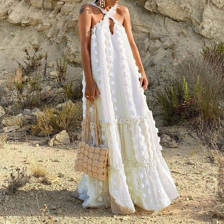 Women's Clothing Pure Color Fashion Three Dimensional Flower Floor Mopping Cake Skirt Long Skirt Women's Halter Skirt_ecoleips.com