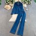 Relaxed Denim Top & Wide-Leg Pants Set | V-Neck Long Sleeve & Drawstring Waist | Comfortable Stretchy Fabric_ecoleips.com