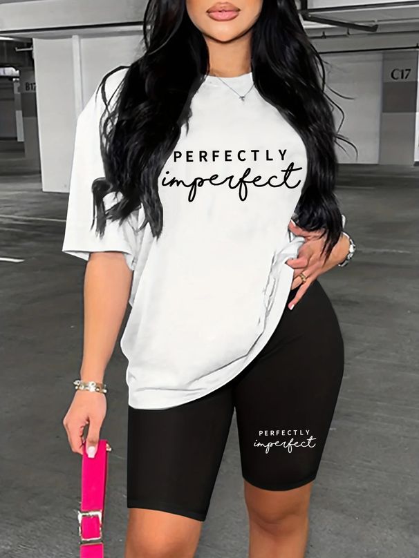 Summer Women's Casual And Fashionable PERFECTLY Letter Print Loose T-shirt+shorts Two-piece Sportswear Suitable For Daily Wear-86_ecoleips.com