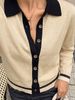 Lightweight Soft Contrast Trim Polo Collar Button Front Loose Knit Cardigan_ecoleips.com