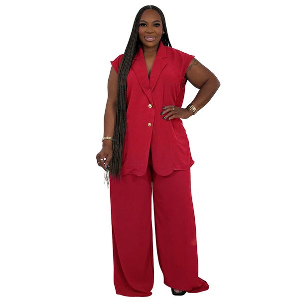 Plus Size V-Neck Sleeveless Two Piece Set Casual American Style Fashion Spring/Summer Pant Suit_ecoleips.com