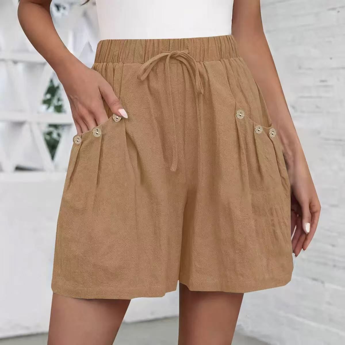 Summer Women's Cotton Linen Shorts European American Style Elastic Waistband Drawstring Pockets_ecoleips.com