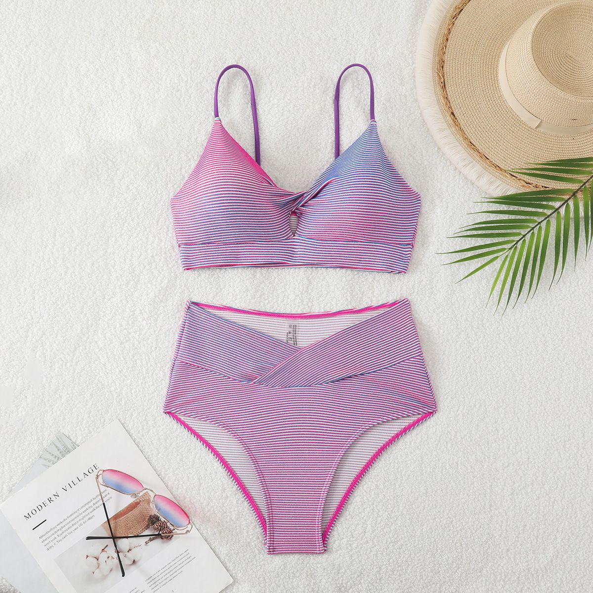 Women's Clothing New Striped Tight Fitting Sling Backless Sexy Split Swimsuit Female Bikini Set_ecoleips.com