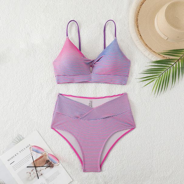 Women's Clothing New Striped Tight Fitting Sling Backless Sexy Split Swimsuit Female Bikini Set_ecoleips.com