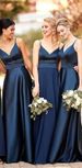Navy Blue Satin Strapless Bridesmaid Dress Elegant A-Line Evening Gown for Weddings And Parties_ecoleips.com