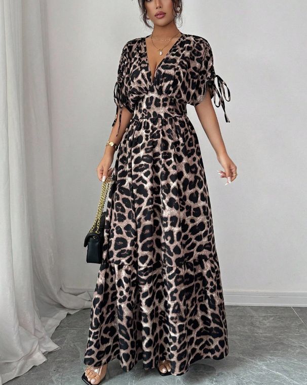 Elegant Leopard Print Long Dress V Neck New Cross Border Available on Amazon Europe And America_ecoleips.com