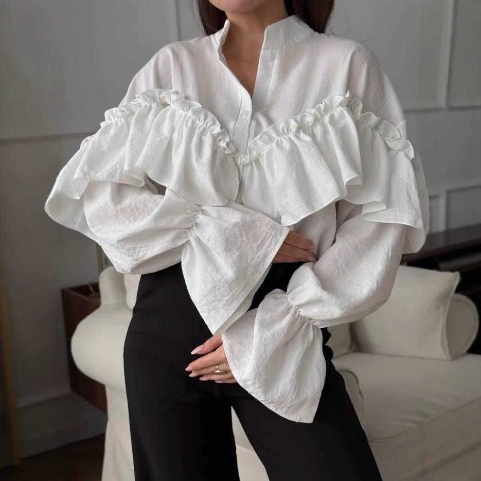 New Spring/Summer Women's Elegant Lace Layered Casual Shirt With French Lace Trim Long Sleeves_ecoleips.com