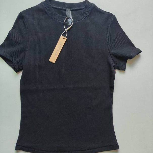 Slim Fit Ribbed Cotton Stretch Short Sleeve T-Shirt For Women, U-Neck Everyday Basic Tee, Soft Comfortable Casual Top_ecoleips.com