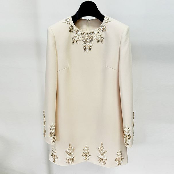 K New Style Fashion Heavy Industry Nail Bead Diamond Set Long Sleeve Dress Small Dress_ecoleips.com