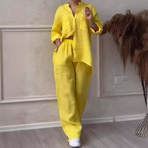 Women's Clothing Casual Cotton And Linen Solid Color Shirt Drawstring Wide Leg Pants Suit_ecoleips.com