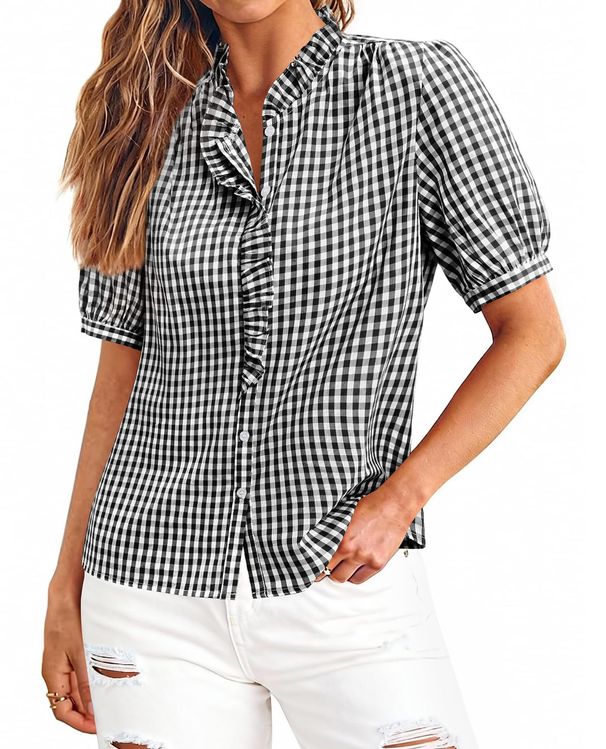 Women's Short Sleeve Button-Down Shirt, Casual Plaid Shirt With Ruffled Collar, Loose Fit Cotton Blend Top For Summer_ecoleips.com