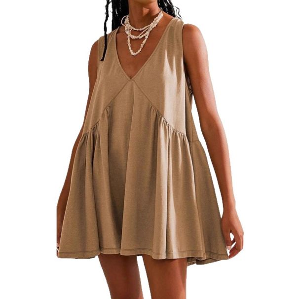 Women's Solid Color V Neck Sleeveless Panel Ruched Bodycon Mini Dress – Casual Summer Gown 2026_ecoleips.com