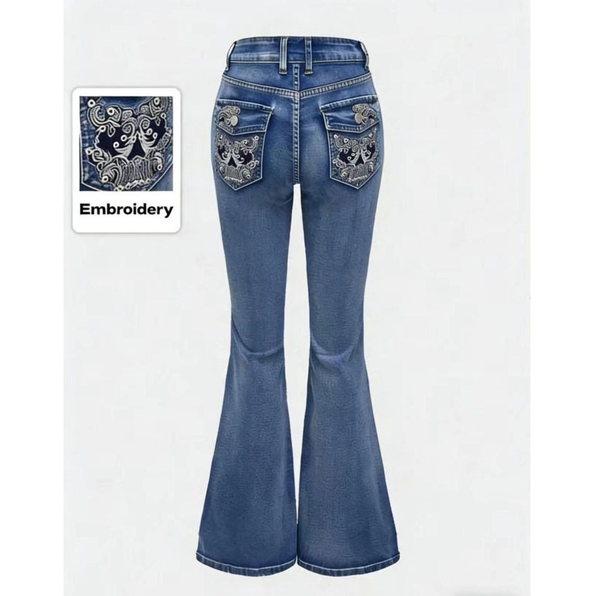Women's Clothing Women's High-Waisted Flared Jeans With Embroidered Pockets – Stretch Denim Retro Bell Bottoms (S-L, Blue/Black)_ecoleips.com