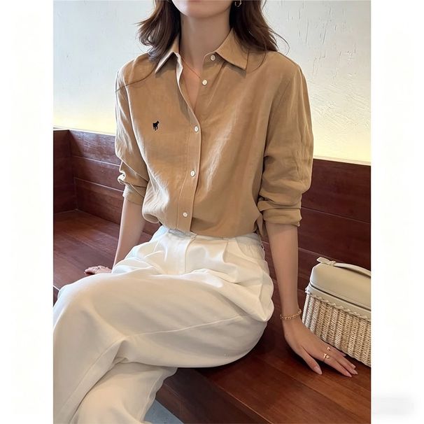 Women's Old Qian Feng Pony Embroidered Linen Shirt Spring/Summer Thin Air Conditioning Cotton Linen Outerwear Jacket_ecoleips.com