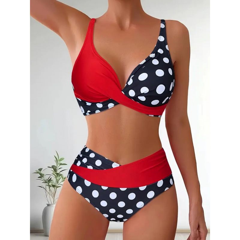 Women's Sexy High-Waisted Backless Swimsuit Two-Piece Bikini Color Blocking Polka Dots Crossover European American Style Beachwear_ecoleips.com
