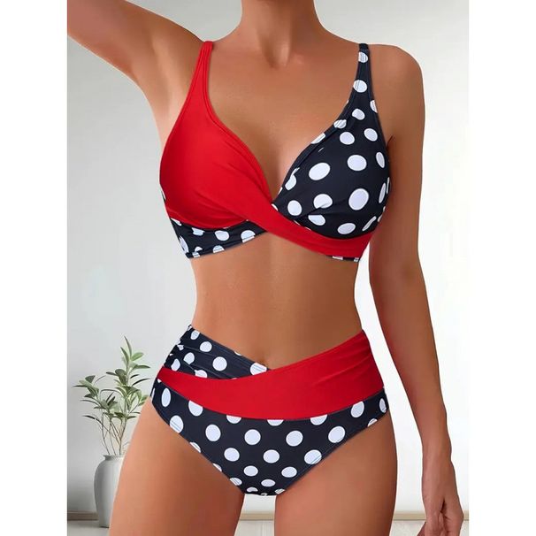 Women's Sexy High-Waisted Backless Swimsuit Two-Piece Bikini Color Blocking Polka Dots Crossover European American Style Beachwear_ecoleips.com