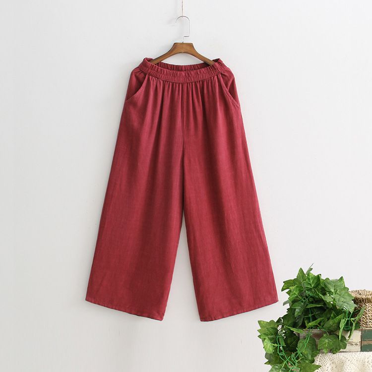 Suitable For All Seasons Spring Summer New Pleated Cotton Linen Wide Leg Elastic Waist Artistic Loose Casual Nine-point Pants Women SZ7024_ecoleips.com