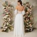 Elegant V-Neck Long Sleeve Maxi Dress – Flowy Chiffon Evening Gown For Women (White, S-XL)_ecoleips.com