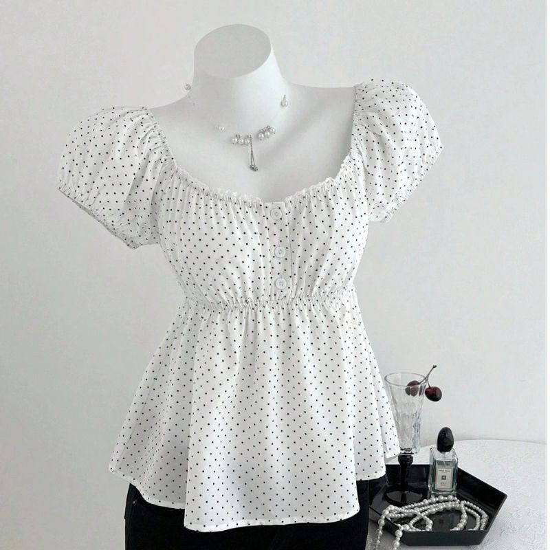 K New Polka Dot Bubble Sleeve Top Printed Round Neck Slimming Short Sleeved T-shirt For Women. No Necklaces Or Other Accessories_ecoleips.com