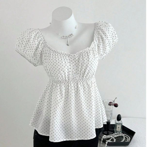 K New Polka Dot Bubble Sleeve Top Printed Round Neck Slimming Short Sleeved T-shirt For Women. No Necklaces Or Other Accessories_ecoleips.com