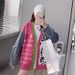 3D Geometric Knit Cardigan – Denim-Paneled Polyester Blend Open Front Sweater | Trendy Black/Yellow/Green/Pink (One Size)_ecoleips.com