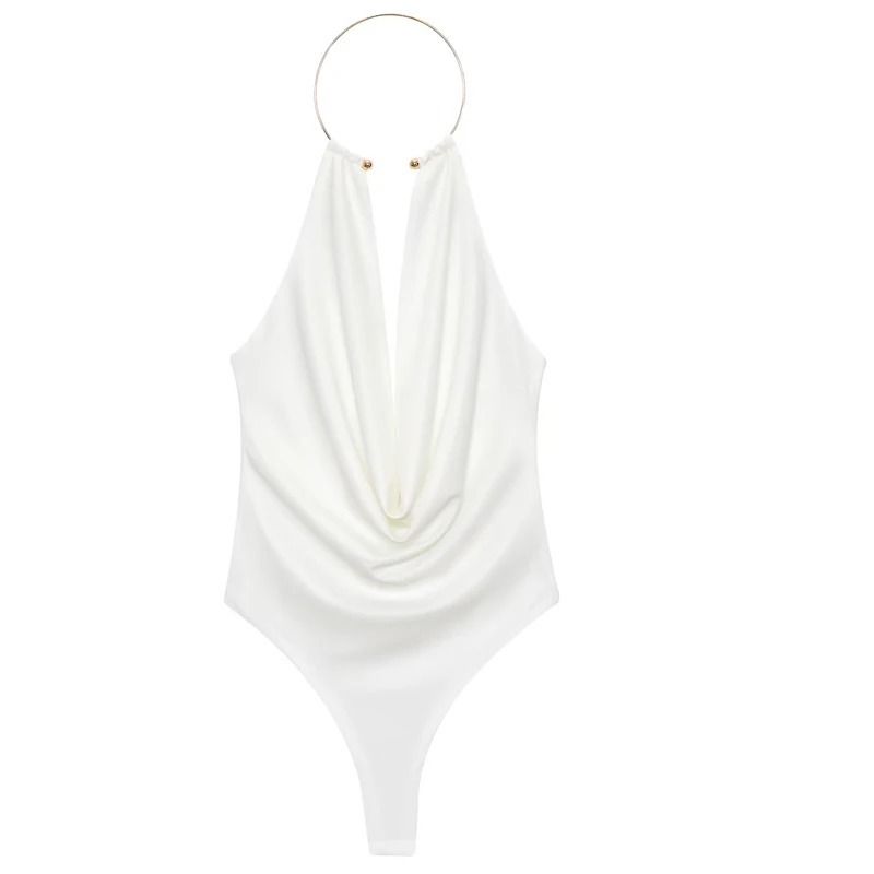 American Style Summer Bodysuit Women's Sexy Backless Halter Neck Sleeveless Romper With Metal Decoration White Brown_ecoleips.com