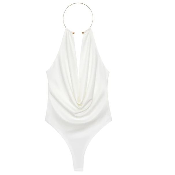American Style Summer Bodysuit Women's Sexy Backless Halter Neck Sleeveless Romper With Metal Decoration White Brown_ecoleips.com