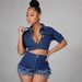 Women's Stylish Denim Two-Piece Set Boho Chic Outfit with Fringe Detail Cropped Fit Distressed Comfortable And Breathable_ecoleips.com