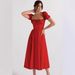2026 European And American Summer High-Waisted Women's Slimming Elegant Puff Sleeve Tie-Waist Short-Sleeve Dress_ecoleips.com