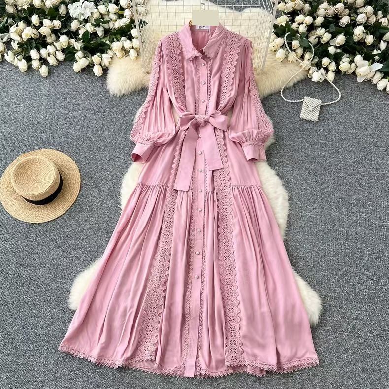 Women's Clothing Autumn Celebrity Niche High End Lace Splicing Single Breasted Waist Knee Length Skirt_ecoleips.com