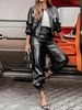 Women's Stylish Design Two Piece Set Unique Pocket Workwear PU Leather Jacket And Trousers_ecoleips.com