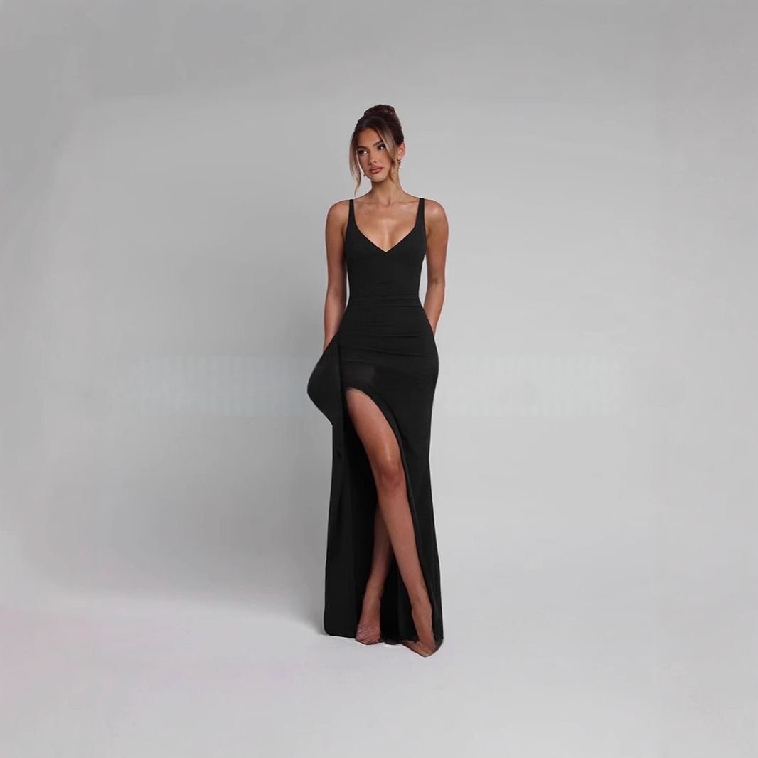 Sexy High Slit Deep V-Neck Bodycon Dress For Women, Elegant Slip Maxi Dress With Thick Straps For Parties & Evening Events_ecoleips.com