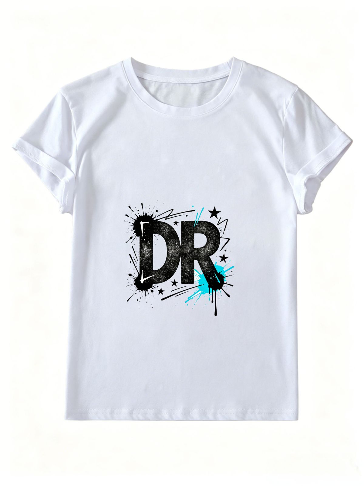 Women Summer Crew Neck Short Sleeve T-Shirt, Graffiti DR Letter Splash Ink Star Graphic Casual White Loose Hip Hop Streetwear Tee Top_ecoleips.com