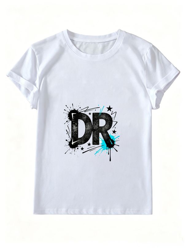 Women Summer Crew Neck Short Sleeve T-Shirt, Graffiti DR Letter Splash Ink Star Graphic Casual White Loose Hip Hop Streetwear Tee Top_ecoleips.com