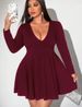 2026 Curvy Long Sleeve Mini Dress, Sexy Deep V Cutout Flared A-Line Princess Skirt, Solid Color Party Dress_ecoleips.com