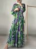 Women's Clothing Round Neck Personalized Printing With Belt Long Elegant Dress_ecoleips.com