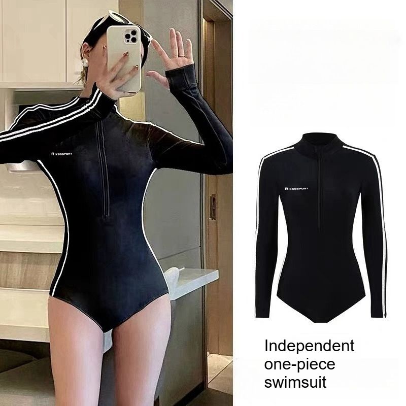 Long Sleeve Swimsuit Women Full Body Wetsuit Front Zip One Piece Bathing Suit With Built In Bra For Wakeboarding Diving Vacation_ecoleips.com