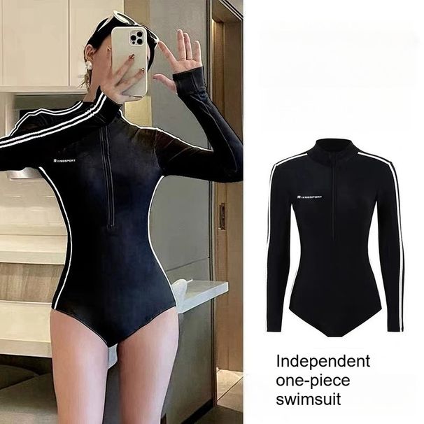 Long Sleeve Swimsuit Women Full Body Wetsuit Front Zip One Piece Bathing Suit With Built In Bra For Wakeboarding Diving Vacation_ecoleips.com
