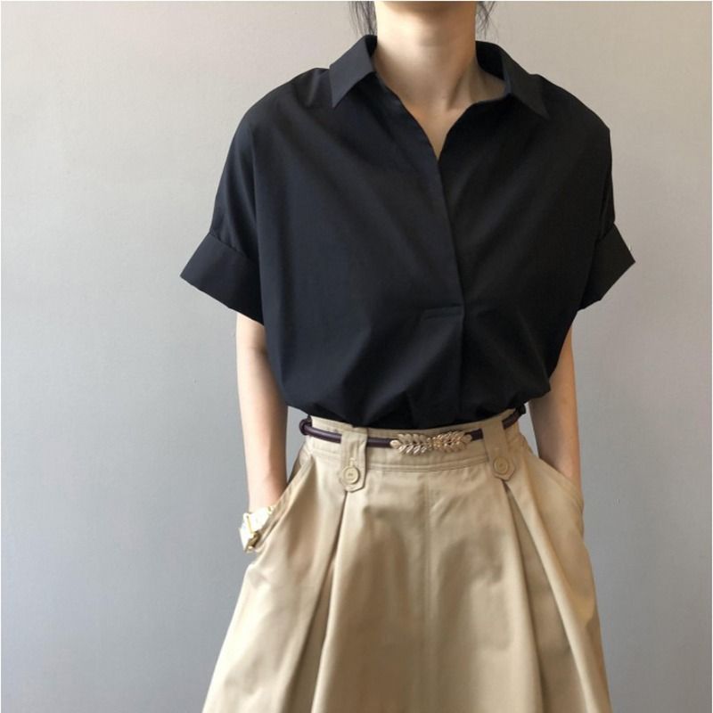 Women's Retro Hong Kong Style Short Sleeve Shirt Stylish Versatile White Loose Batwing Sleeve Collar Top for Summer 2026_ecoleips.com