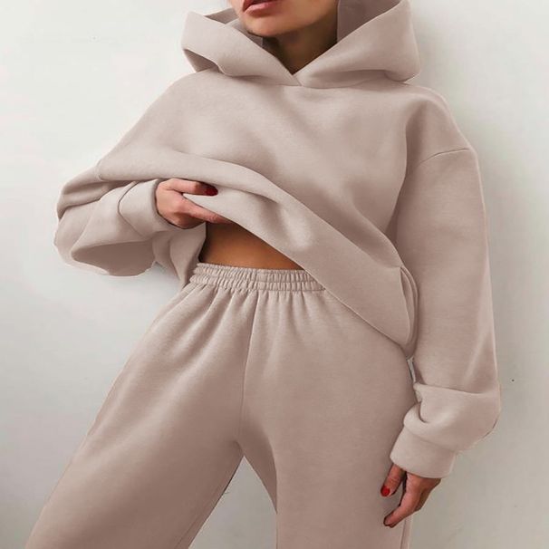 Women's Clothing Velvet Hooded Sweatshirt Leggings Set Autumn Winter Casual Fashion Thickened Solid Color Sports Suit_ecoleips.com