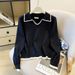 Women's Contrast-Trim Knit Polo Top – Korean-Inspired Spring Layering Piece | Breathable Stretch Fabric | Versatile Black/Grey/Navy/Beige_ecoleips.com