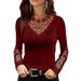 Aria Basics Aria Basics 2024 Spring Autumn New Women's Clothing European And American Sexy Deep V Lace Collar Long Sleeve Slim Fit T-Shirt_ecoleips.com