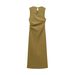 Women's Clothing Ins Style Temperament Fashion Round Tie Shoulder Pad Side Pleated Midi Dress_ecoleips.com