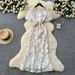 Women's Clothing High End Elegant Heavy Flower Embroidery Round Neck Lantern Sleeve Waist Slim Fit Fishtail Dress_ecoleips.com
