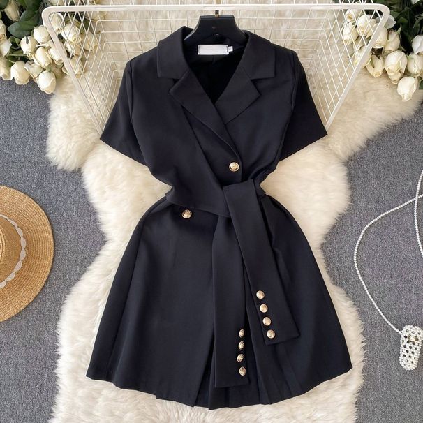 Women's Clothing Niche Design Retro Suit Lapel Short Sleeved Dress Summer Lace Up Waist Slimming Casual Short Skirt_ecoleips.com