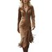 Western Cowgirl Suede Fringe Slim Fit Long Sleeve Dress – Boho Chic Streetwear With Zip Closure (Black, Dark Brown, Gray, Army Green)_ecoleips.com