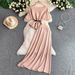 Women's Clothing Elegant French Style Off The Shoulder Top Women's Ruffled Hem Tie Waist Two Piece Set_ecoleips.com